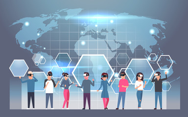 Poster - group of people wearing vr headset virtual reality glasses over world map background flat vector ill