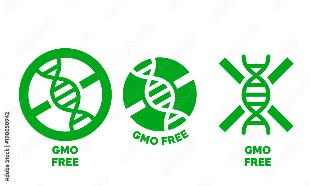 GMO free label for no gmo added product package icon design template. Vector green DNA symbol for GMO free food - obrazy, fototapety, plakaty 