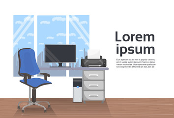 Poster - Empty Workplace Office Interior Desk With Computer And Chair Over Window Background Flat Vector Illustration