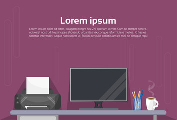 Wall Mural - Office Desk With Computer And Printer Workplace Background Flat Vector Illustration