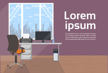 Poster - Modern Office Interior No People Desk With Computer And Chair, Empty Workplace Background Flat Vector Illustration