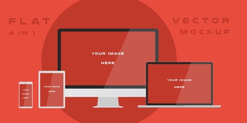 Wall Mural - flat computer monitor, laptop, tablet, smartphone isolated on red background. can use for template p