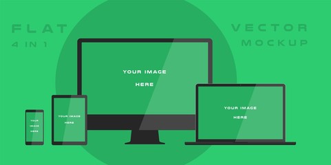 Wall Mural - Flat computer monitor, laptop, tablet, smartphone isolated on green background. Can use for template presentation, web design and ui kits. White electronic gadget, device mockup. Vector illustration