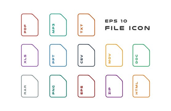Set of Document Labels and File Formats Icons. PDF, MP3, TXT, XLS, PPT, CSV, MOV, DOC, RAR, PNG, EPS, ZIP, HTML. Vector illustration. EPS 10