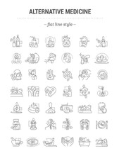 Vector Graphic Set. Editable Outline Stroke Size. Icons In Flat, Contour, Thin And Linear Design. Alternative Medicine. Simple Isolated Icons. Concept Illustration. Sign, Symbol, Element.