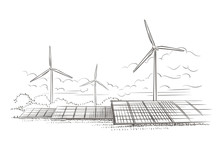 Alternative Sources Of Energy (wind, Solar) Hand Drawn Sketch (2). Vector.