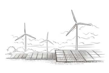 alternative sources of energy (wind, solar) hand drawn sketch (2). vector.