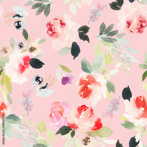 Seamless summer pattern with watercolor flowers handmade.