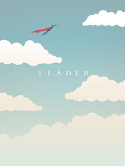 Wall Mural - Businessman as superhero flying above clouds, leadership vector concept. Business symbol of power, vision, opportunity.