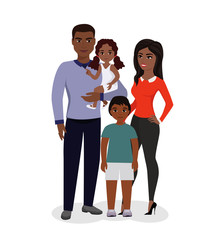 Wall Mural - Vector illustration of beautiful happy family. African American parents and children. Smiling cartoon mother, father, dother and brother in flat style.