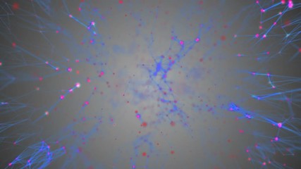 Poster - Transmitting signals to the neurons. Active neural network. The activity of blue structures that transmit signals in different corners of the screen. Gray background . Depth of field. Place for text
