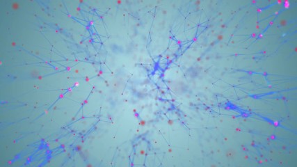 Poster - Transmitting signals to the neurons. Active neural network. The activity of blue structures that transmit signals in different corners of the screen. Blue background . Depth of field. Place for text