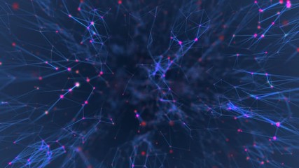 Poster - Transmitting signals to the neurons. Active neural network. The activity of blue structures that transmit signals in different corners of the screen. Dark blue background. Depth of field. Place for