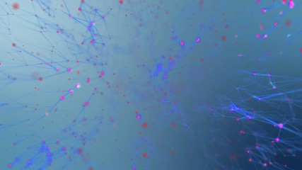 Poster - Transmitting signals to the neurons. Active neural network. The activity of blue structures that transmit signals in different corners of the screen. Multicolored background. Depth of field. Place for
