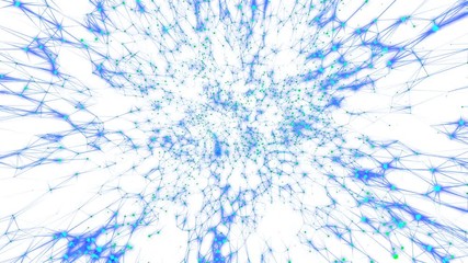 Poster - Transmitting signals to the neurons. Green neurons, blue synapses. Active neural network. The activity of blue structures that transmit signals in different corners of the screen. White background