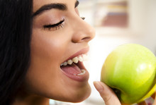 Closeup Side View, Beautiful Black Hair Girl Preparing To Bite Apple 