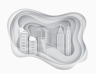 Leinwandbilder - White 3d paper art city skycrapers. Abstract paper waves, layers. Modern buildings