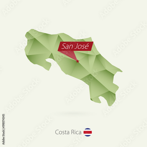 Obraz na płótnie Green gradient low poly map of Costa Rica with capital San Jose