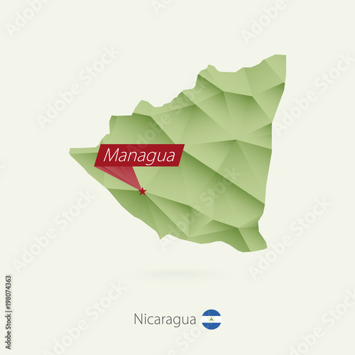 Obraz na płótnie Green gradient low poly map of Nicaragua with capital Managua.