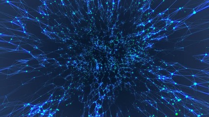 Poster - Transmitting signals to the neurons. Green neurons, blue synapses. Active neural network. The activity of blue structures that transmit signals in different corners of the screen. Dark blue background