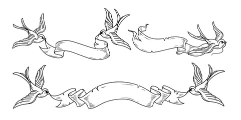 swallows carry ribbon.vintage ribbon for design. black and white illustration