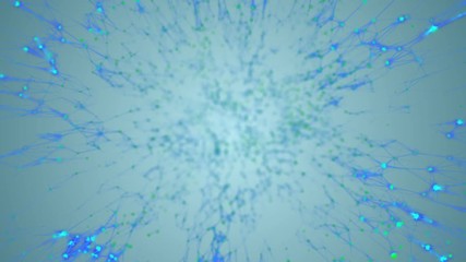 Poster - Transmitting signals to the neurons. Green neurons, blue synapses. Active neural network. The activity of blue structures that transmit signals in different corners of the screen. Blue background