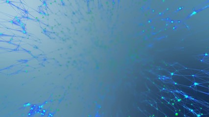 Poster - Transmitting signals to the neurons. Green neurons, blue synapses. Active neural network. The activity of blue structures that transmit signals in different corners of the screen. Multicolored