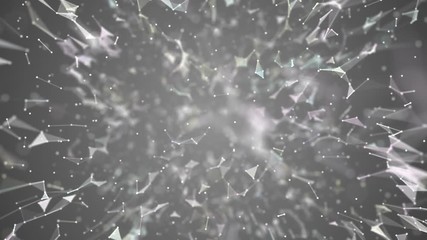 Poster - Particles fly across the screen. Gray background . Place for text. Plexus cinematographic business medical background. Visualization of abstract forms of the plexus. Connection and web concept