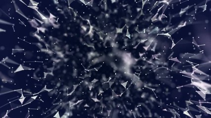 Poster - Particles fly across the screen. Dark blue background. Place for text. Plexus cinematographic business medical background. Visualization of abstract forms of the plexus. Connection and web concept