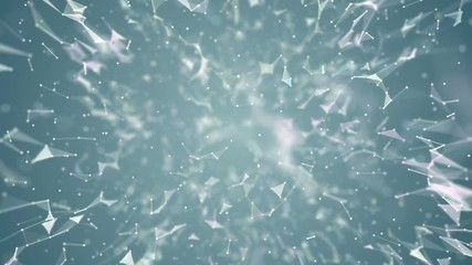 Poster - Particles fly across the screen. Blue background . Place for text. Plexus cinematographic business medical background. Visualization of abstract forms of the plexus. Connection and web concept
