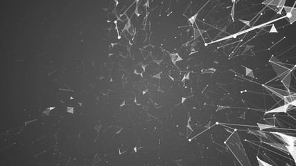 Poster - Particles on the right side of the screen. Gray background . Place for text. Plexus cinematographic business medical background. Visualization of abstract forms of the plexus. Connection and web