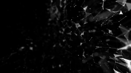 Poster - Particles on the right side of the screen. Black background . Depth of field. Place for text. Plexus cinematographic business medical background. Visualization of abstract forms of the plexus