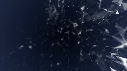 Poster - Particles on the right side of the screen. Dark blue background. Depth of field. Place for text. Plexus cinematographic business medical background. Visualization of abstract forms of the plexus