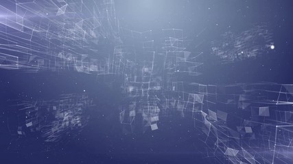 Poster - Megastructures in space. Dark blue background. Depth of field. Place for text. Plexus cinematographic business medical background. Visualization of abstract forms of the plexus. Connection and web
