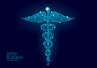 Medical Caduceus symbol low poly modern design. Innovation technology medicine future center polygon triangle blue glowing sign. Snake and wings abstract vector illustration dark background