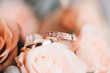 Wedding engagement rings and flowers wedding bouquet background, selective focus, macro