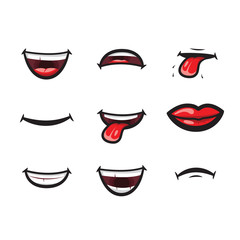 smiling lips, mouth with tongue, white toothed smile and sad expression mouth and lips vector icon. 