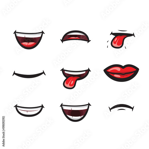 Cuadros en Lienzo Smiling lips, mouth with tongue, white toothed smile and sad expression mouth and lips vector icon