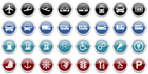 Poster - Transport silver metallic vector icons. Set of travel and vehicles buttons.