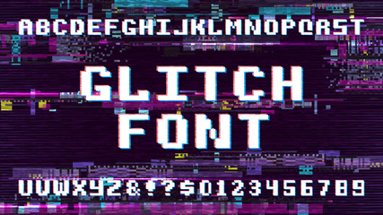 Leinwandbilder - Retro pixel art font on display with tv noise glitch effect. Computer game vector alphabet