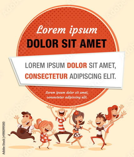 Text box frame background with happy cartoon people dancing.