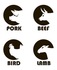 Wall Mural - monochrome labels of farm animals cow, pig, lamb and chicken