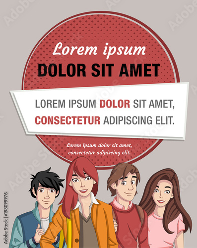 Text box frame background with cartoon young people. Teenagers.