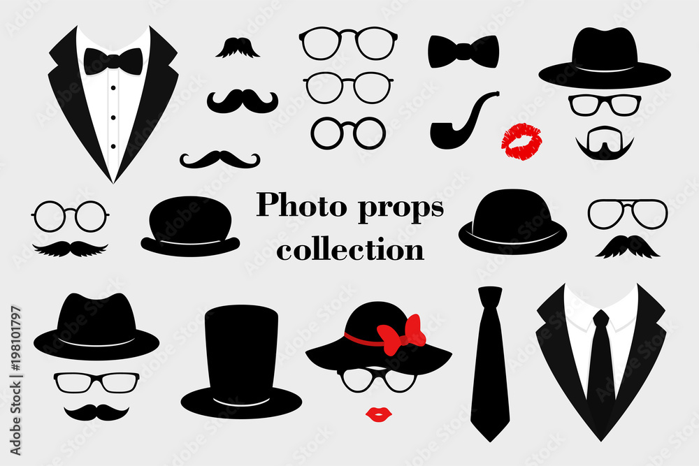 Photo props collections. Retro party set with glasses, mustache, beard, hats, texedo and lips. Vector - obrazy, fototapety, plakaty 
