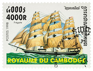 Sticker - Sailing ship frigate on postage stamp