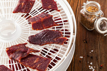 Homemade Beef Jerky With A Dehydrator. Selective Focus.