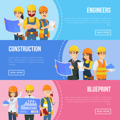 Wall Mural - Professional engineering and construction concept with worker team in uniform and safety helmets. Industrial building company vector illustration. Engineer, architect, builder and foreman characters.