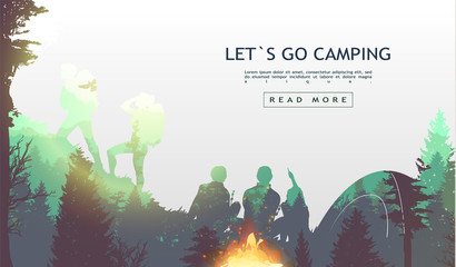 Wall Mural - people camping, adventure and travel concept, beautiful forest, mountain and sky, double exposure, v