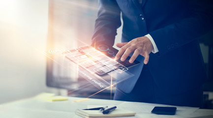 Poster - Digital marketing. Businessman using modern interface payments online shopping and icon customer network connection on virtual screen. Business innovation technology concept