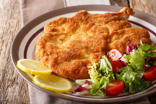 Fotografía Veal milanese (cotoletta alla milanese) with lemon and fresh vegetable salad close-up